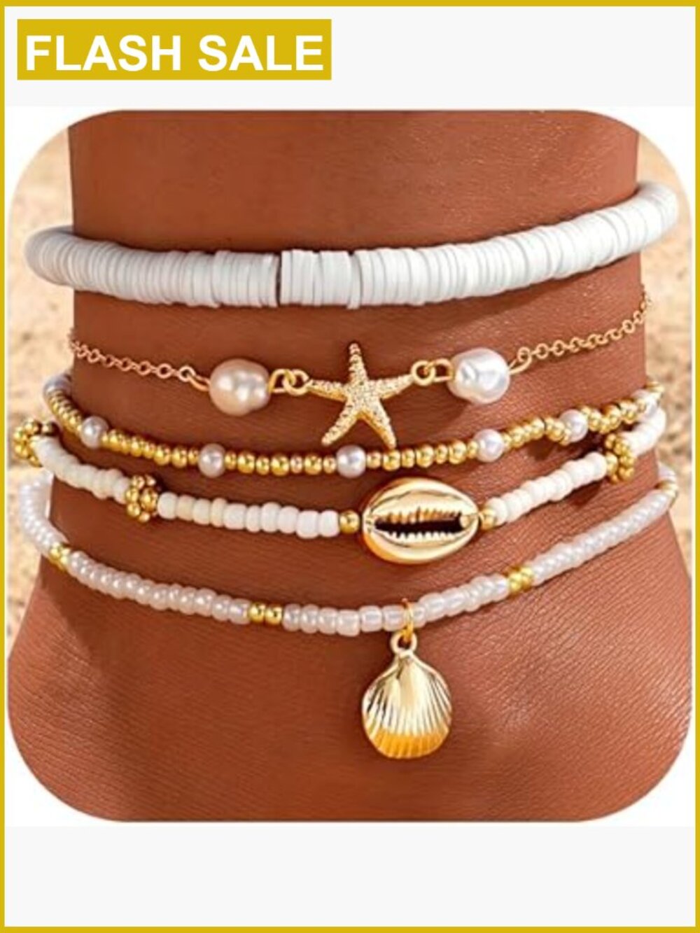 5-Pair Boho Shell Ankle Bracelet Set Adjustable Bead Anklets Beach Foot Jewelry